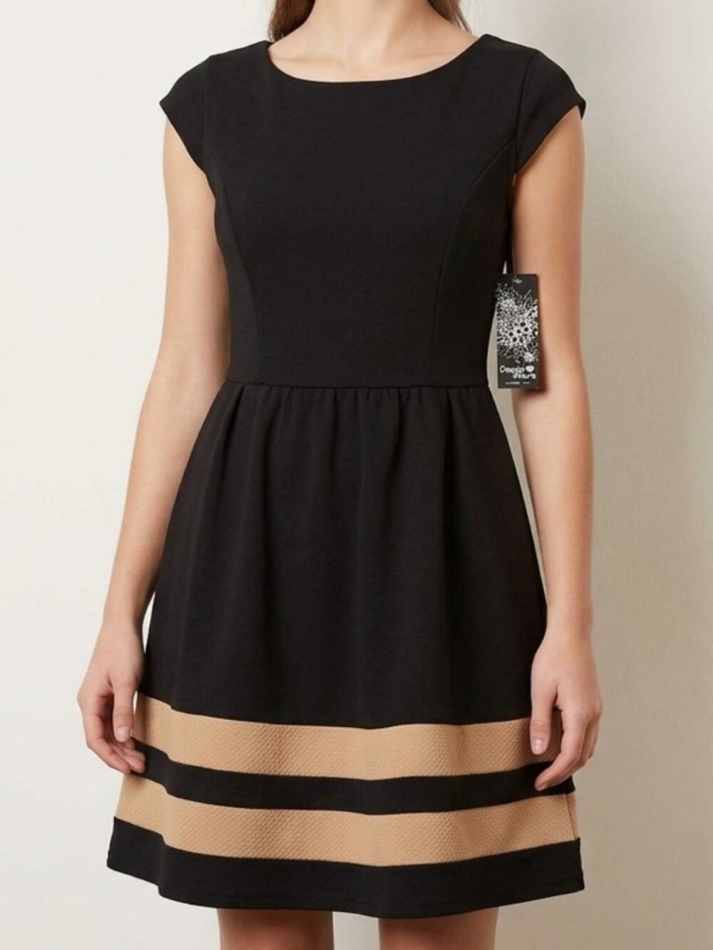 NWT Speechless Black Tan Block Stripe Cap Sleeve Fit & Flare Dress Size 5